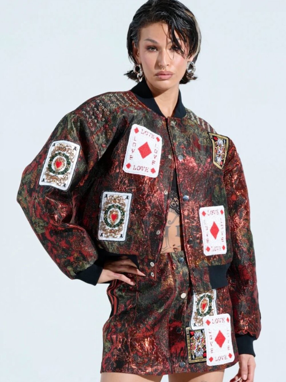 Akira Show Your Cards Metallic Embellished Brocade Bomber Jacket